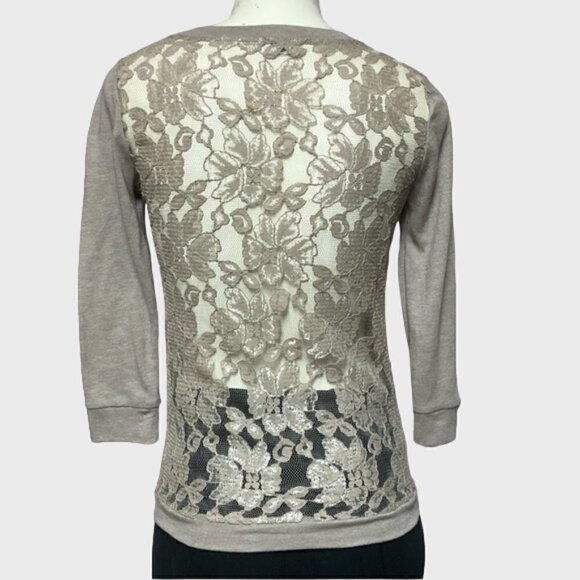 Dynamite Taupe Ruched Button Down Cardigan With Lace Back - Picture 2 of 10